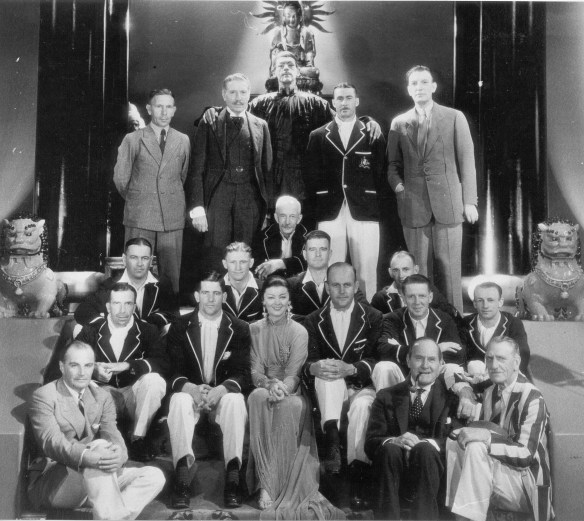 Bradman in Canada, Toronto. The Australian players photographed with the cast of The Mask of Fu Manchu (1932) including Boris Karloff (as Fu Manchu, back row), Myrna Loy (middle front row) and director Charles Brabin (far right, back row). Bradman is seated 2nd front row, far right. Image courtesy of The Sir Donald Bradman Scrapbook Collection at The State Library of South Australia